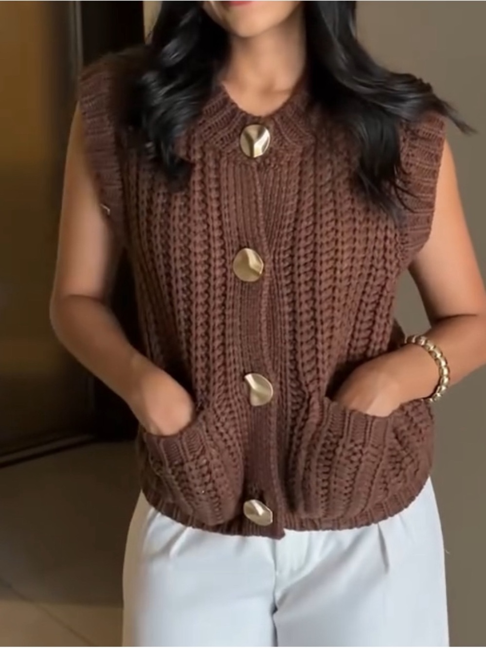 Classic Brown Cable Knit Button-Front Sweater Vest